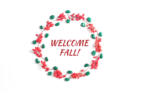 Quote: welcome fall . Frame of red berries on a white background. Simple flat lay composition, autumn creative backgroundの写真素材