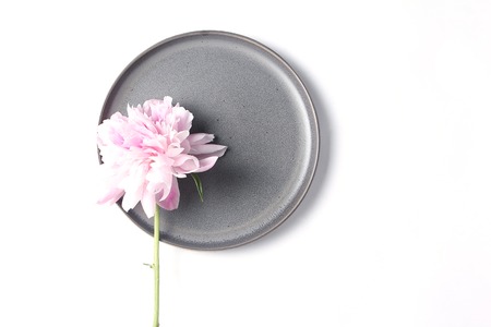 minimalistic composition on a white background - from a peony flower and a gray dish. flat layの写真素材