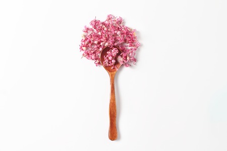 flower composition. dried pink hyacinth inflorescences and a wooden spoon on a white background. view from above.の写真素材