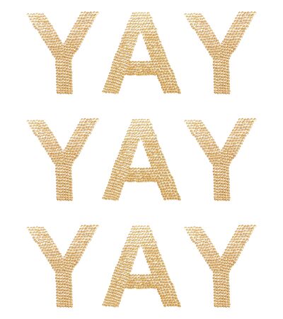 Festive banner concept. Exclamation YAY on a white background. The letters are laid out of brilliant golden spanglesの写真素材