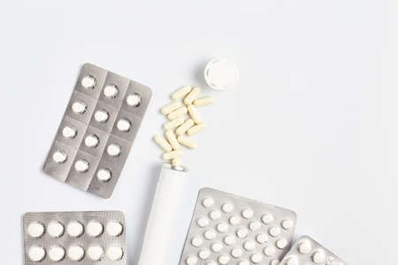 layout on a medical topic. various types of medicines. development of new tablets. top view, flat lay, copy space.の写真素材
