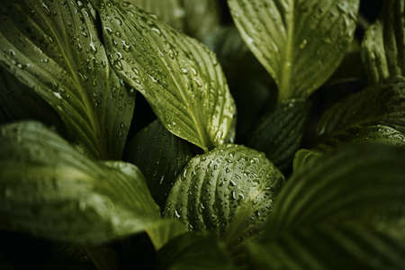 large leaves of hosta in dark tint. green foliage close-up in a spring garden after rain. dew drops...