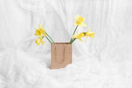beautiful fresh yellow daffodils in a craft package on a white background. gift concept for holiday.の写真素材