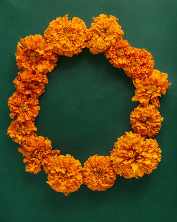 autumn wreath of orange-red flowers on a dark green background. simple flat lay with place for text. invitation for autumn holidays.の写真素材