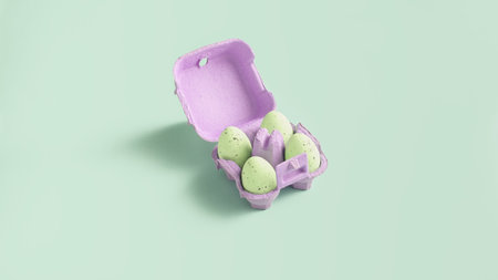 festive easter banner. Easter decor in pastel colors on a light green background. purple egg cardboard. minimalistic composition with space for textの写真素材