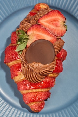 A vibrant croissant filled with chocolate cream, topped with strawberries and chocolate, served on a...