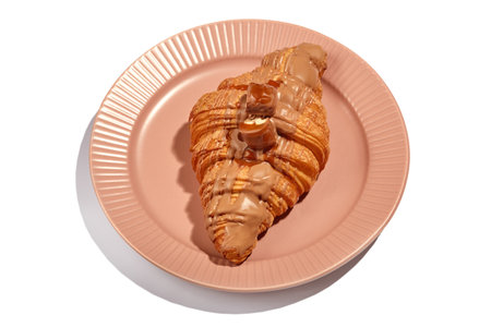A delicious croissant sits on a pink plate, adorned with a rich chocolate drizzle, perfect for a morning treatの写真素材