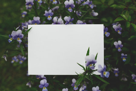 Blank white card surrounded by blooming purple flowers and green leaves in a natural setting. Nature-inspired flat lay composition with copy space. Design for invitation, greeting card, or posterの写真素材