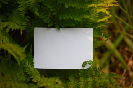 A blank card is placed thoughtfully on lush fern leaves, highlighting nature's tranquility and simplicity in a serene outdoor environment.の写真素材