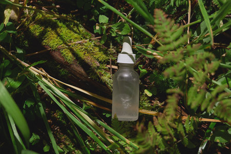 A small, clear plastic bottle rests on lush green ground cover, surrounded by various plants and ferns under natural light.の写真素材