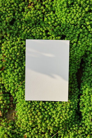 Blank white card on green natural background. Nature-inspired greeting card or invitation mockup with copy space. Eco-friendly and organic design conceptの写真素材