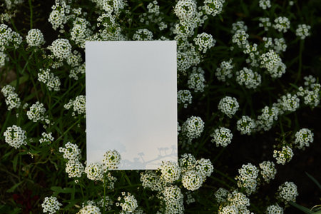 A blank note card rests atop vibrant white flowering plants, surrounded by green foliage, capturing the essence of a serene garden setting.の写真素材