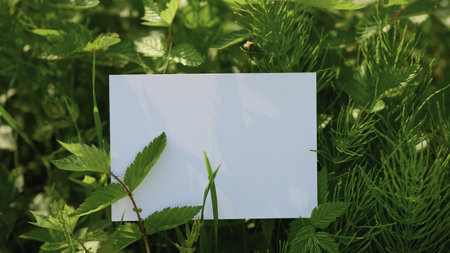Blank white card placed among lush green leaves and plants in sunlight. Panoramic nature mockup. Design for invitation, greeting card, or poster.の写真素材