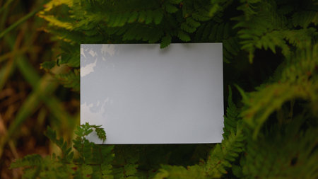 A blank card is placed among lush green ferns, showcasing a peaceful outdoor environment filled with...