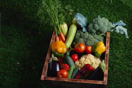 A wooden crate holds a colorful variety of fresh vegetables, including tomatoes, carrots, and cucumbers, set on lush green grass. Healthy eating and farm harvest conceptの写真素材