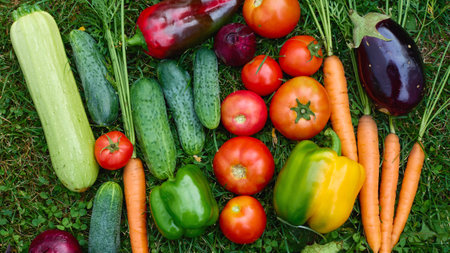 Panoramic banner with organic farm products. A colorful assortment of freshly picked vegetables,...