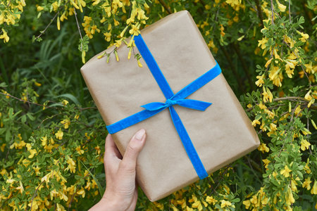 A hand presents a neatly wrapped gift adorned with blue ribbon, surrounded by vibrant yellow flowers in a lush garden.の写真素材