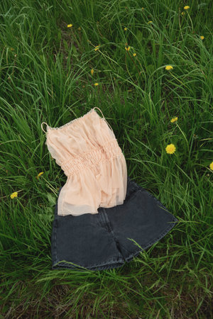 A stylish summer dress laid out on lush green grass with yellow flowers. This image can be used as a layout mockup for fashion products.の写真素材