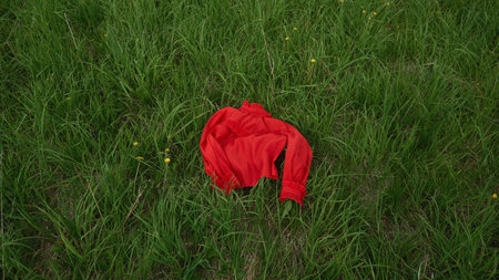 This image features a vibrant red fabric laid on lush green grass, ideal for spring layouts or mockups, perfect for product life related to outdoor events or celebrations.の写真素材