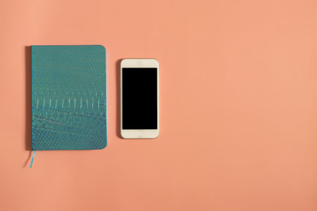 Top view flat lay with notepad and smartphone with copy space on pink peach background in minimal style, sunlight and shadows. Template for blog social mediaの写真素材