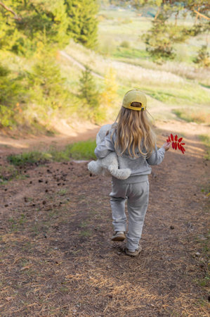 A little charming girl with long natural hair is walking in a beautiful forest in the autumn, she is holding a toy and red leaves in her hands.の写真素材