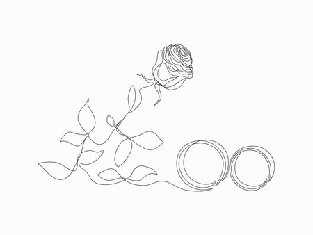 Continuous line drawing of one rose and wedding rings. Vector.のイラスト素材