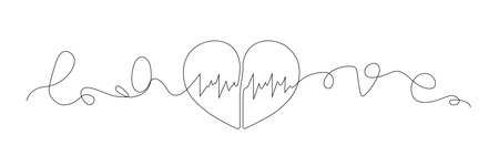 One continuous line drawing of two halves of a heart. Subtle swirls and romantic symbols in a simple linear style. Editable stroke. Minimalistic Doodle vector illustration.のイラスト素材