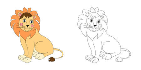 Cute cartoon animal lion line and color illustration. Cartoon vector illustration for coloring book.のイラスト素材