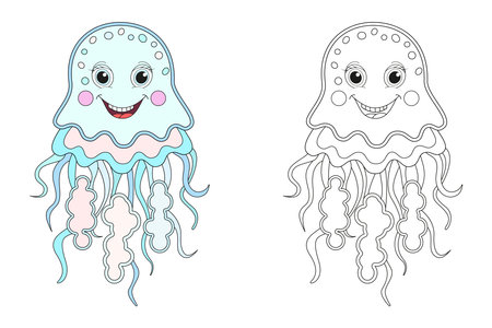 Jellyfish line and color illustration. Cartoon vector illustration for coloring book.のイラスト素材
