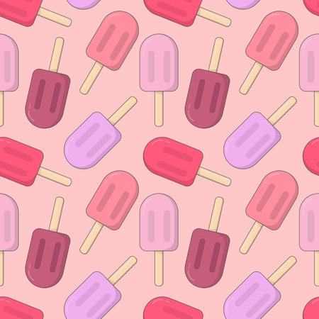 Seamless pattern with ice cream isolated on pink background. Colorful ice cream on stick. Hand...