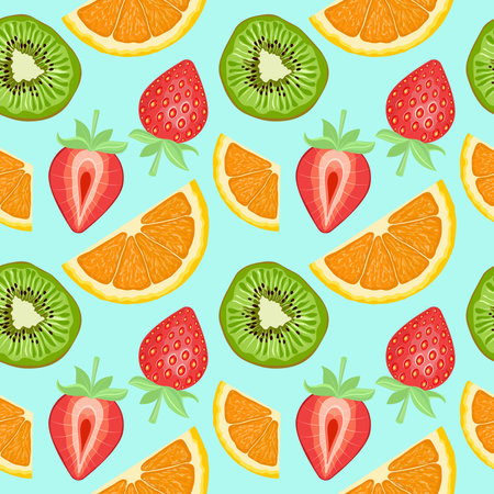 Seamless fruit pattern. Background with fresh slices of green kiwi, red strawberry and orange....