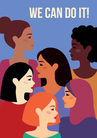 Women of different nationalities and cultures standing together. Women s friendship, union of...