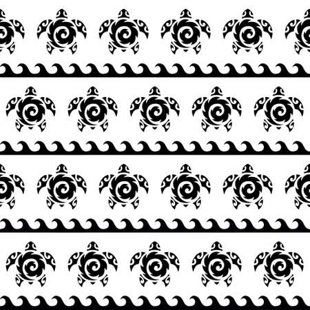 Seamless pattern with sea turtles. Marine life. Maori pattern. Stylish background. Black and white.のイラスト素材