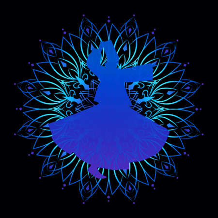 silhouette of sufi dervish tanura dancer mandala black backgroundのイラスト素材
