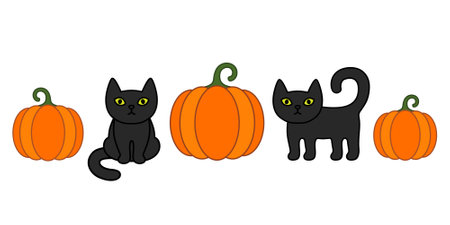 Halloween border with black cats and pumpkins. Black cat in witch hat.のイラスト素材