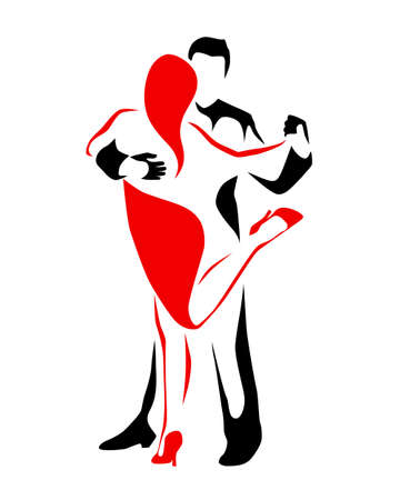 Vector illustration of couple dancing tango. Woman in red dress dancing argentine tango with man in suit. Logo or poster for dance school, concerts, festivals, carnivals, cards.のイラスト素材