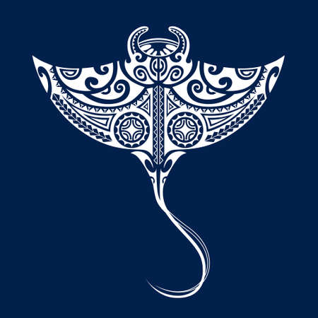 Manta ray illustration in Maori style. Ornament for divers. White on blue background.のイラスト素材