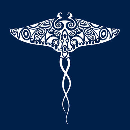 Manta ray illustration in Maori style. Ornament for divers. White on blue background.のイラスト素材