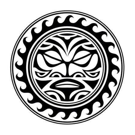 Traditional Maori round tattoo design. Editable vector illustration. Ethnic circle ornament. African mask. Black and whiteのイラスト素材