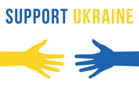 Support Ukraine. Help, save, pray for. Two Hands colors of Ukraine flag. Stop War. Blue and yellow. Vector Illustrationのイラスト素材
