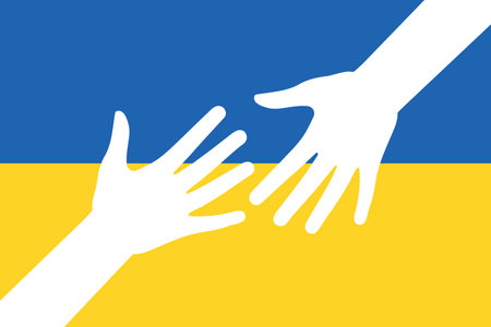 Support Ukraine. Help, save, pray for. Two Hands colors of Ukraine flag. Stop War. Blue and yellow. Vector Illustrationのイラスト素材