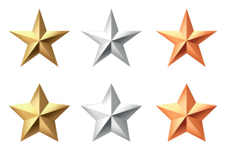 Golden, bronze, silver glossy metallic stars 3d realistic style. Leadership, game award, customer feedback symbol vector illustration isolated on white backgroundのイラスト素材