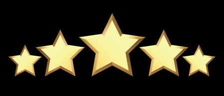 Five golden stars isolated on black background. Rating stars icon. Vector illustration. black...