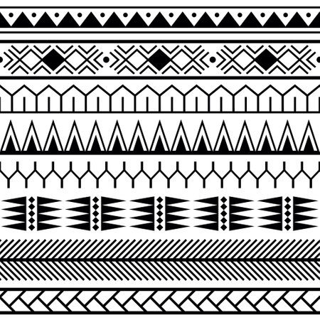 Set of vector ethnic seamless pattern in maori tattoo style. Geometric border with decorative ethnic elements. Horizontal pattern. Design for home decor, wrapping paper, fabric, carpet, textile, coverのイラスト素材