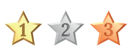 Golden, bronze, silver glossy metallic stars 3d realistic style. Leadership, game award, customer...