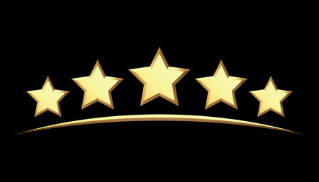 Five golden stars isolated on black background. Rating stars icon. Vector illustration. black backgroundのイラスト素材