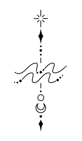 Aquarius zodiac sign and symbol blackwork tattoo. Sacred geometry horoscope tattoo design, mystic symbol of constellation. New school dotwork, line art minimalist style tattoo. Boho design.のイラスト素材