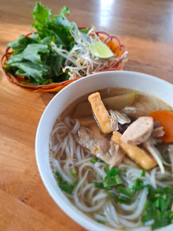 Traditional Vietnamese vegetarian pho noodle soup with tofu, mushrooms, and fresh vegetables. Authentic Asian cuisine served with lime and bean sprouts on a wooden table.の写真素材