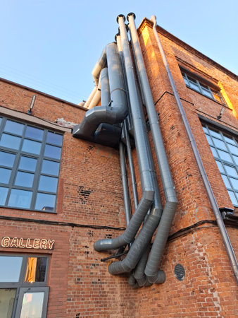 Modern industrial building with gray metal pipes attached to a red brick wallの写真素材