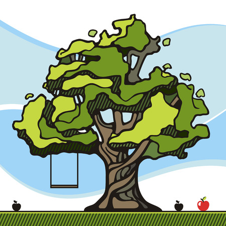 Green tree with a swing. landscape. Abstract background. Vector illustrationのイラスト素材